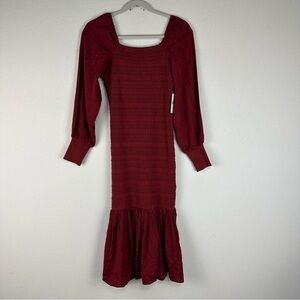 NEW Anthropologie Red Burgundy Long Puff Sleeve Smocked Midi Dress Size XS